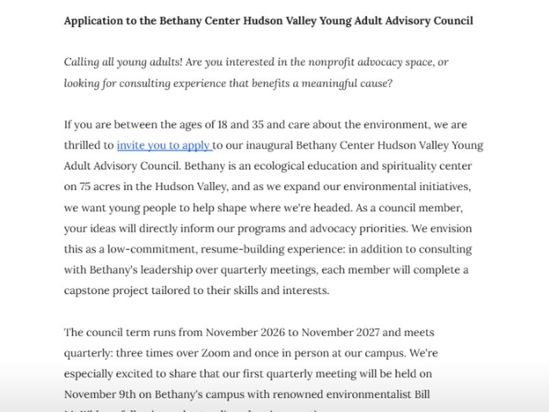Application for Bethany Young Adult Advisory Council Deadline