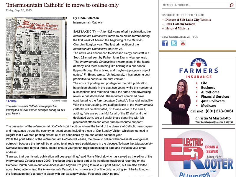 Salt Lake City's Intermountain Catholic to Move to Online-Only Format First Week of Advent