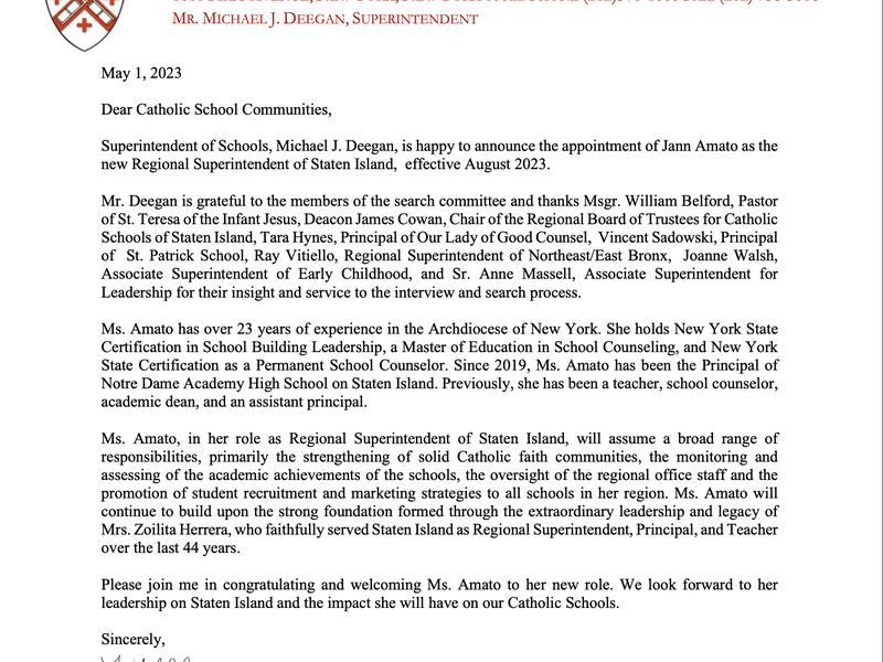 Catholic Schools Appoints Jann Amato as New Regional Superintendent of Staten Island​