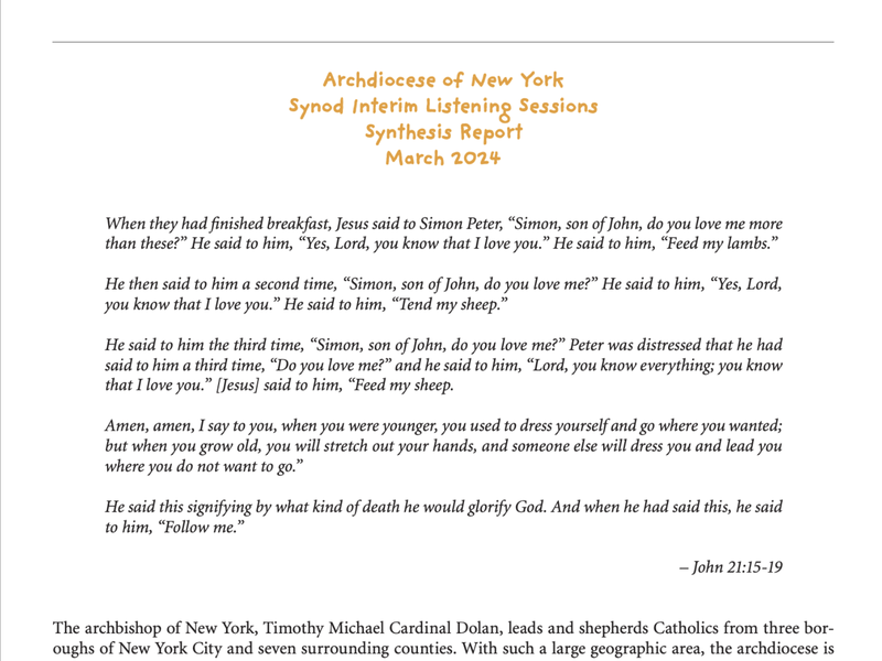 Archdiocese of New York Synod Interim Listening Sessions Synthesis Report March 2024