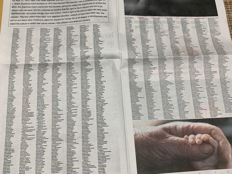 Annual Pro-Life Signature Ad in Daily Freeman (Kingston) Fills Two Pages of April 14 Issue, Exceeding 1,400 Names