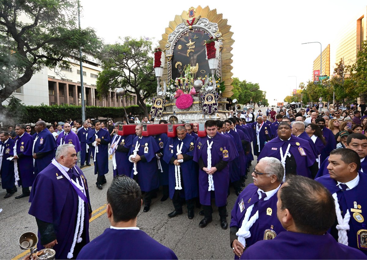 Every October, Peru dresses in purple in honor of the Lord of Miracles. The Peruvian community in Los Angeles and the Cathedral unite in celebration with the "Hermandad de Señor de Los Milagros" Mass taking place on Sunday October 18, 2026. Photo by John McCoy