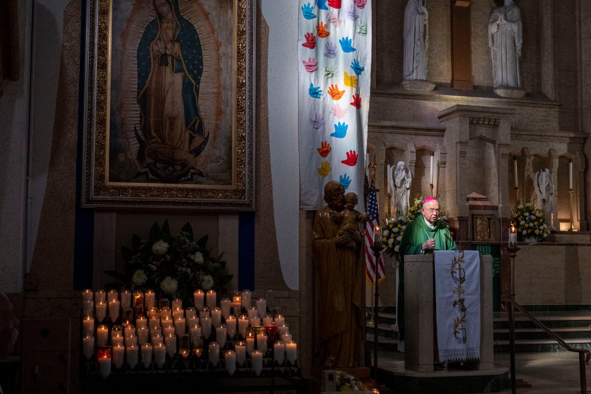 Archbishop José H. Gómez offers the homily during Fuerza Inc.'s 40th anniversary Mass at St. Matthias Church in Huntington Park on Oct. 18, 2026. (Michael Goulding)