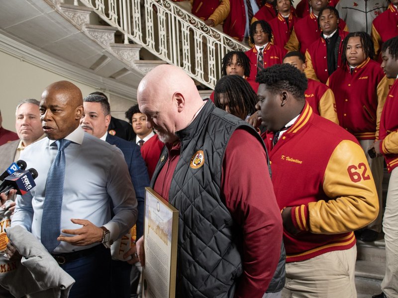 State Champion Cardinal Hayes Football Players Visit City Hall, Meet Mayor Adams