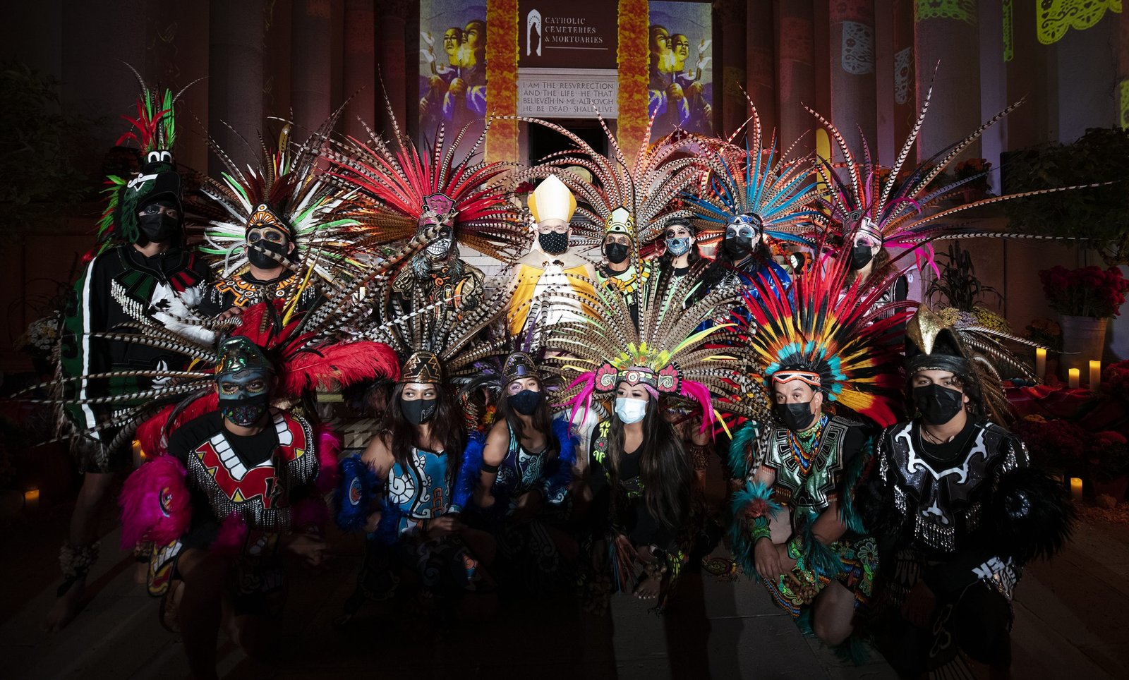 Archbishop Gomez with performers at the Día de los Muertos celebration. (Victor Alemán)