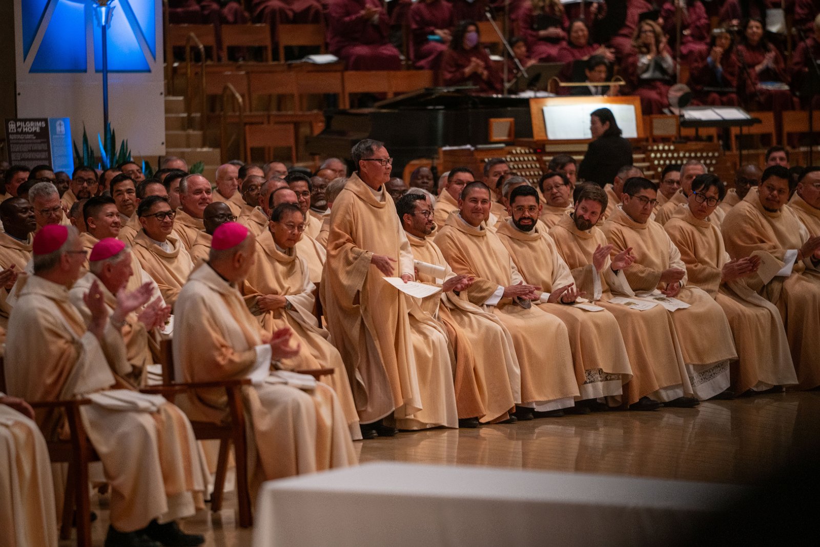Father Francis Ty Bui is recognized as one of the priests celebrating jubilarian anniversaries of 50 years in the priesthood during the Chrism Mass at the Cathedral of Our Lady of the Angels on April 14. (John Rueda)
