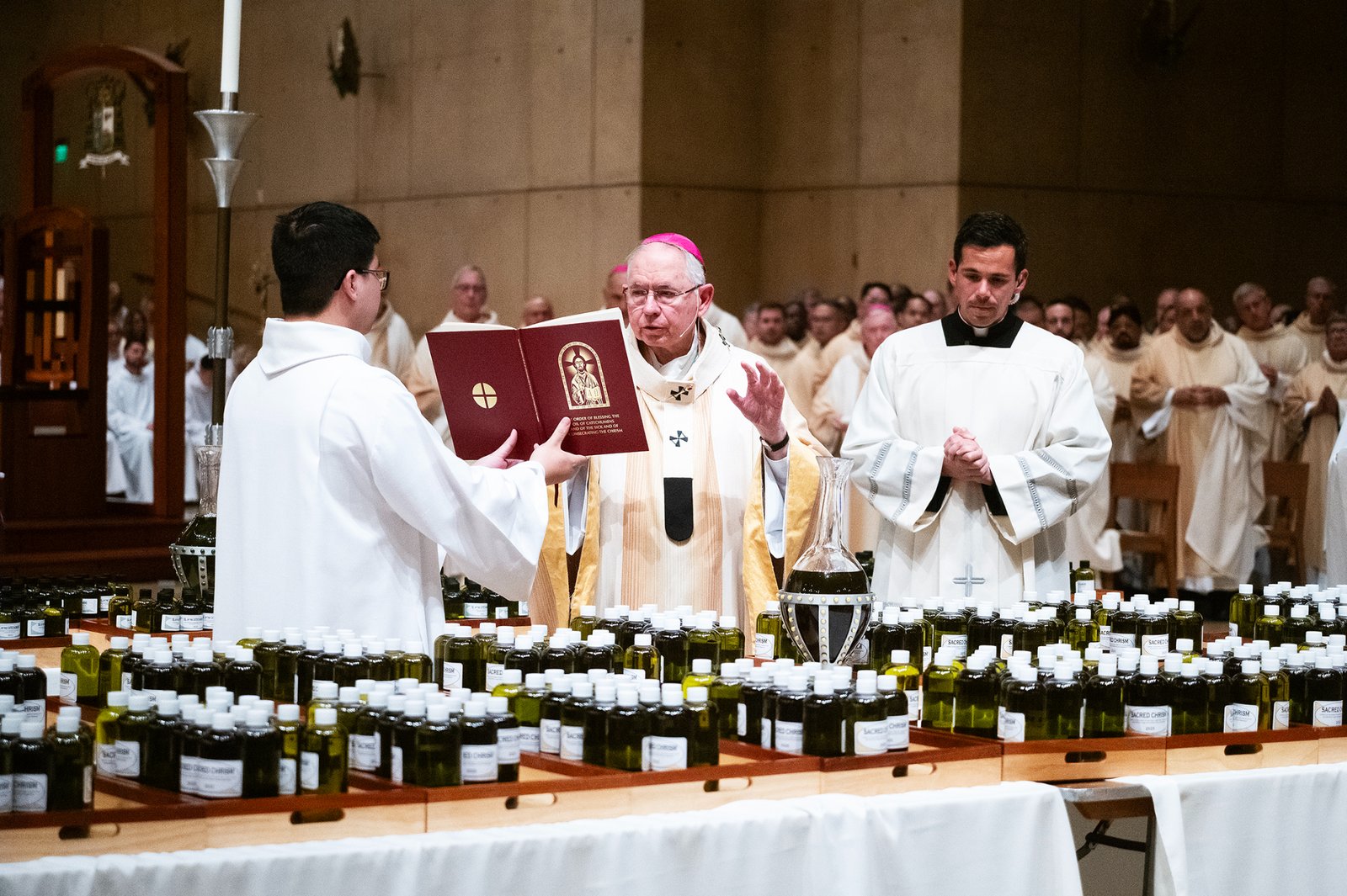 Archbishop José H. Gomez blesses the sacramental oils during the Chrism Mass at the Cathedral of Our Lady of the Angels on April 14. (Victor Alemán)