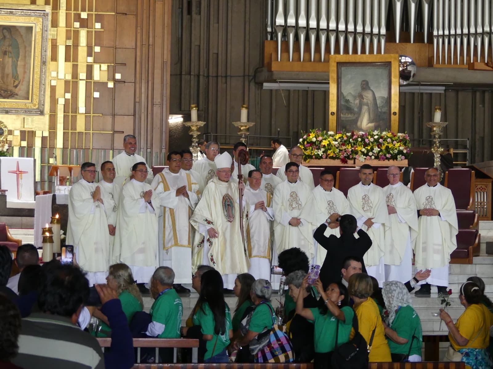 Archbishop José H. Gomez poses with concelebrating priests following a special Mass at the Basilica of Our Lady of Guadalupe in Mexico City during the archdiocese's annual pilgrimage to Mexico on July 4. (Submitted photo/Archdiocese of Los Angeles)