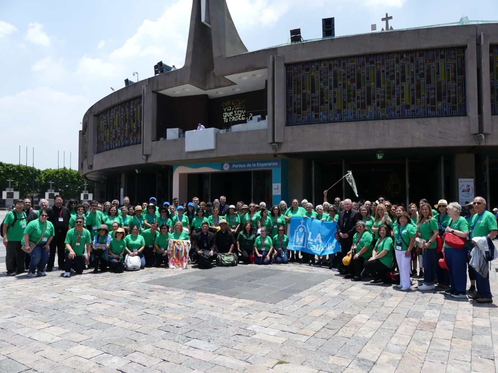 Archbishop José H. Gomez poses with pilgrims outside the Basilica of Our Lady of Guadalupe in Mexico City during LA Catholics’ annual pilgrimage to Mexico on July 4. (Submitted photo/Archdiocese of Los Angeles)