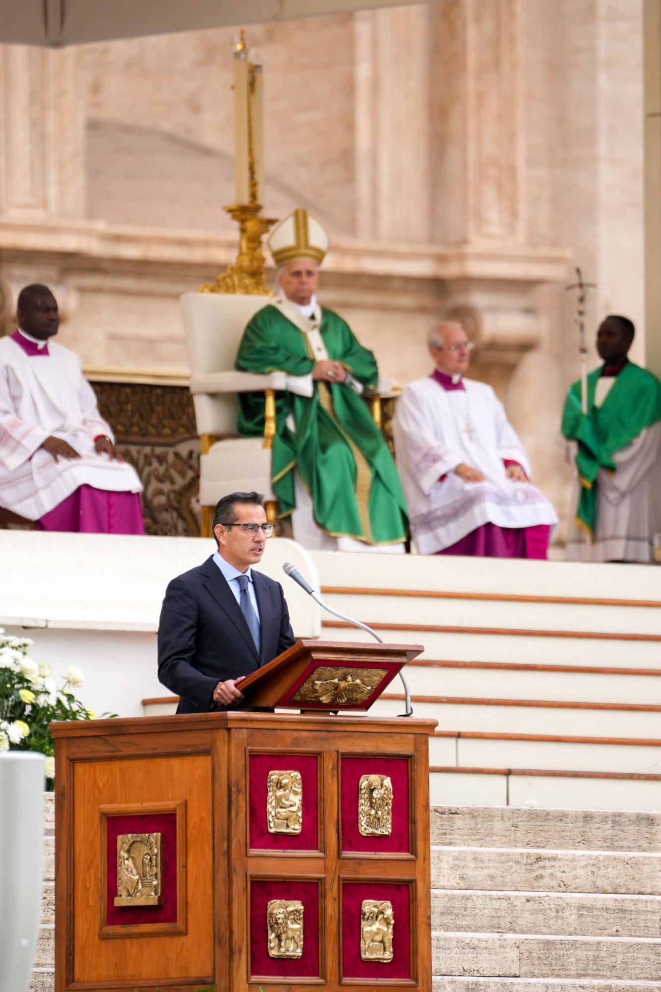 Pablo Esparza from Mexico proclaims the second reading at Mass with Pope Leo XIV for the Jubilee of Migrants and the Jubilee of the Missions in St. Peter’s Square at the Vatican Oct. 5, 2025. (CNS photo/Lola Gomez)