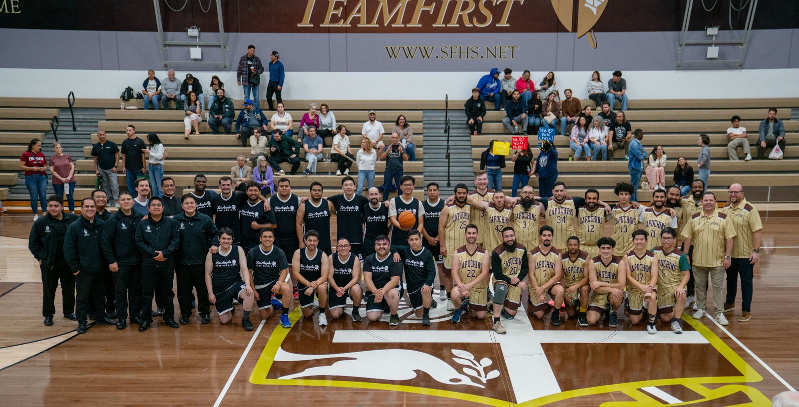 In a unique twist to the annual priests vs. seminarians basketball game in the Archdiocese of Los Angeles, the Capuchin Franciscan order put their members on the court against the LA seminarians. The Capuchins won the game, 57-50, on Jan. 18 at St. Francis High School in La Cañada Flintridge. (John Rueda)