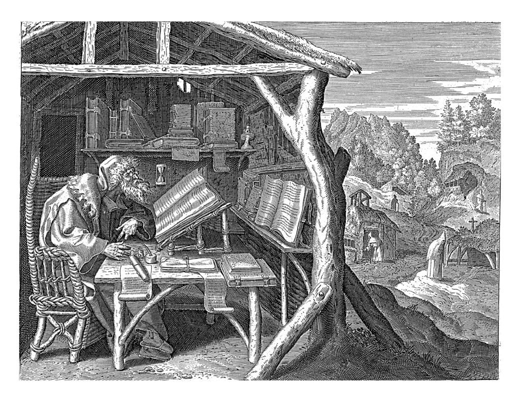 San Evagrio Póntico ilustrado como un ermitaño en su cabaña. (Shutterstock)