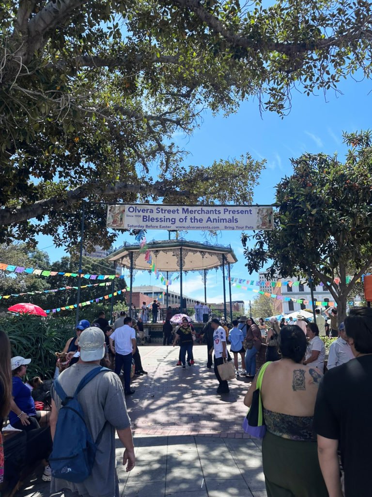 Los dueños y sus mascotas esperan en fila para recibir el agua bendita del arzobispo José H. Gomez durante el evento de Bendición de los Animales en Olvera Street, en Los Ángeles, el 11 de abril de 2025. (Isabel González)
