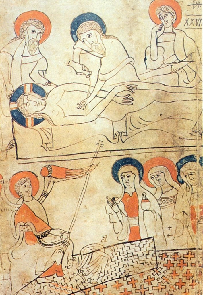 Una de las ilustraciones del Códice Pray muestra el cuerpo de Jesús siendo preparado para la sepultura y su posterior resurrección, con un ángel mostrando el sepulcro vacío a las tres Marías. La imagen presenta similitudes con la Sábana Santa de Turín. (Wikimedia Commons)