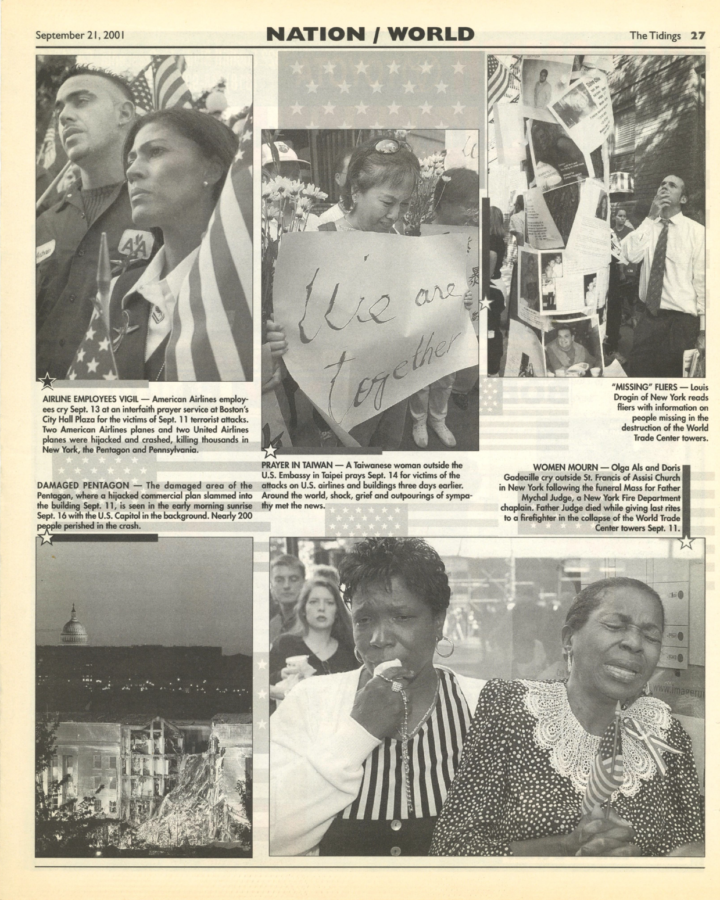 FOTO: La página “Nación y mundo” de The Tidings presentó las noticias más recientes sobre los atentados terroristas del 11 de septiembre. (Archivos de Tidings)