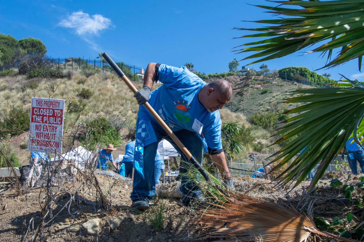 Voluntarios limpiaron la maleza de terrenos residenciales en Pacific Palisades donde Habitat for Humanity reconstruirá las viviendas que fueron destruidas por el incendio. (Mike Goulding)