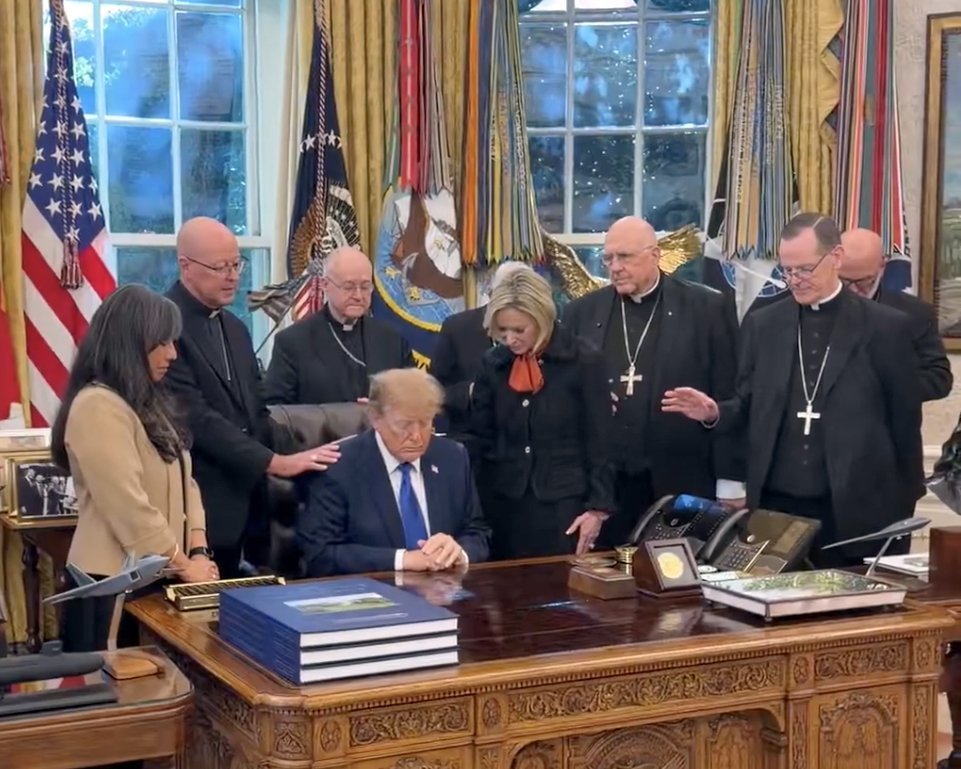 U.S. bishops pray over President Donald Trump in the Oval Office