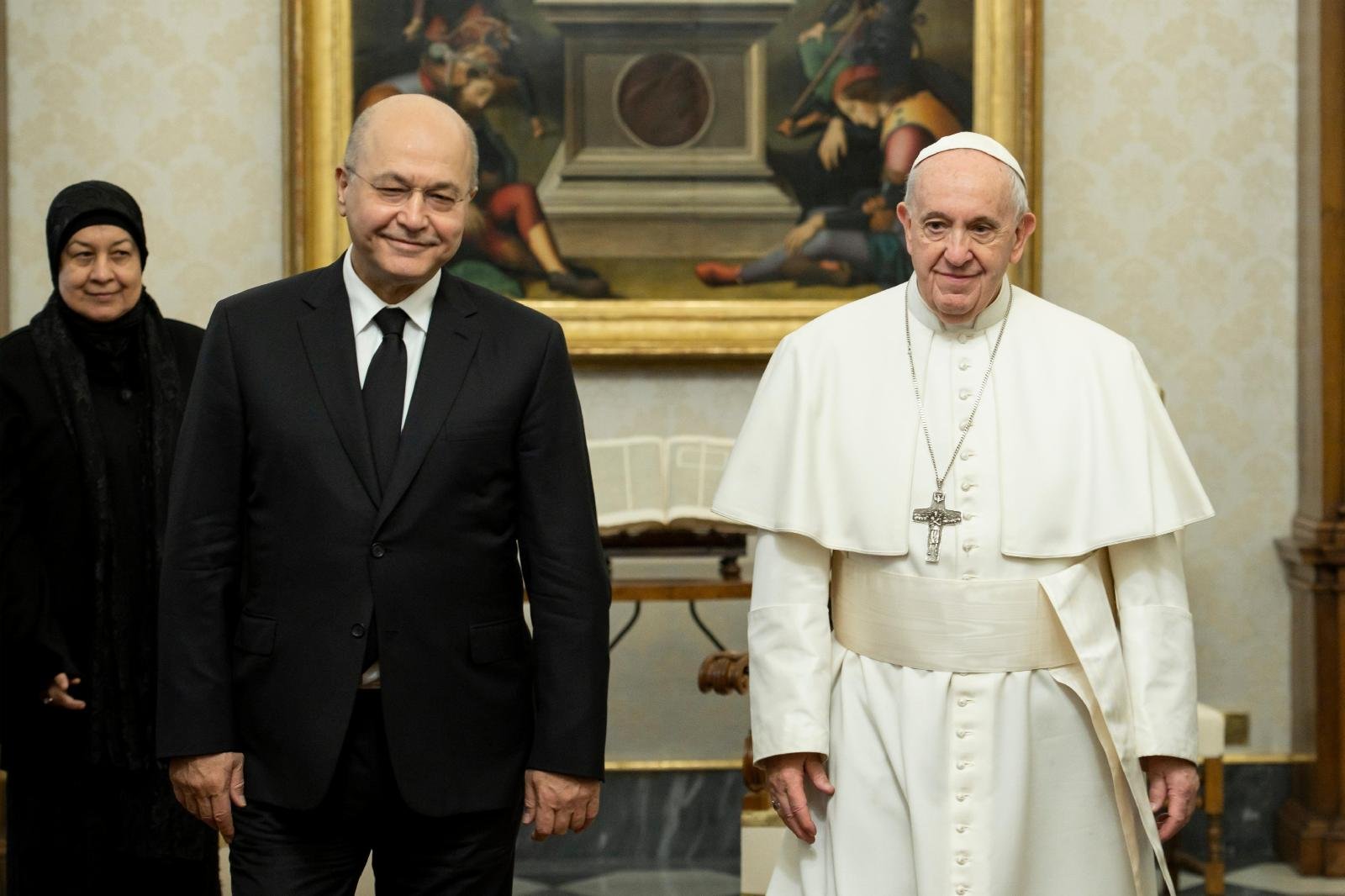 Pope Francis poses with Iraqi President Barham Salih at the Vatican Jan. 25, 2020. The Vatican has confirmed Pope Francis will visit Iraq March 5-8. (CNS photo/Vatican Media)