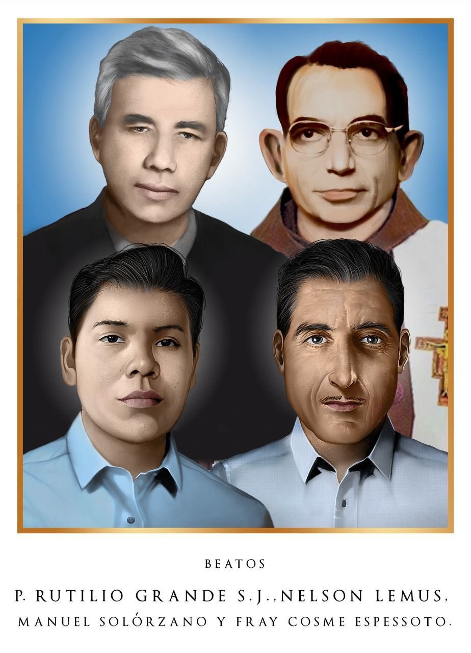 Este retrato oficial muestra a los cuatro salvadoreños que serán beatificados en El Salvador el 22 de enero. Arriba de izquierda a derecha: el padre jesuita Rutilio Grande y el padre franciscano Cosme Spessotto. Abajo: Nelson Lemus y Manuel Solórzano. (Ilustración CNS/Oficina de Beatificación del Arzobispado de San Salvador)