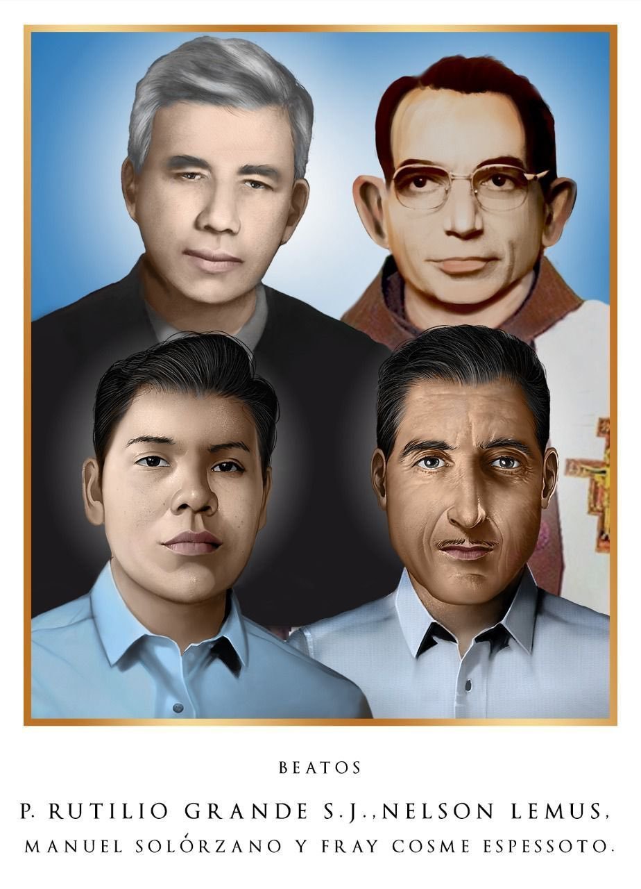 Este es el retrato oficial de cuatro futuros beatos que murieron en El Salvador y serán beatificados en San Salvador el 22 de enero de 2022. Fila superior: padre Rutilio Grande y padre Cosme Spessotto. Fila inferior: Nelson Lemus y Manuel Solórzano. (Ilustración CNS/Cortesía de la Oficina de Beatificación del Arzobispado de San Salvador)