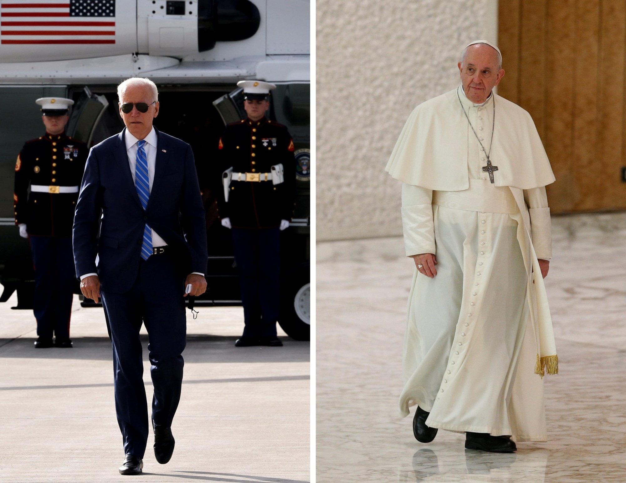 El presidente Joe Biden y el papa Francisco aparecen en esta foto compuesta. La Casa Blanca anunció el 14 de octubre de 20201 que ambos se reunirán en el Vaticano el 29 de octubre. (Composición de CNS; fotos de Jonathan Ernst, Reuters, y Paul Haring)