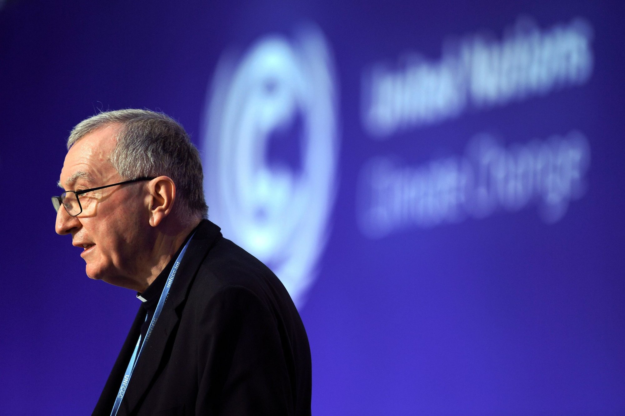 El cardenal Pietro Parolin, Secretario de Estado del Vaticano, se dirige a la Conferencia de las Naciones Unidas sobre el Cambio Climático, COP26, en Glasgow, Escocia, el 2 de noviembre de 2021. El cardenal Parolin leyó partes del mensaje escrito del Papa Francisco para la COP26 en su discurso a la cumbre. (Foto: CNS/Daniel Leal-Olivas, Reuters pool)