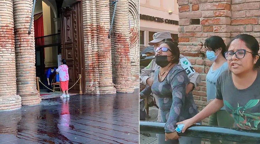 Catedral Basílica Menor de San Lorenzo Mártir dañada con pintura roja - Feministas del colectivo “Mujeres Creando”. (Foto: Graciela Arandia de Hidalgo - Arquidiócesis de Santa Cruz de la Sierra)