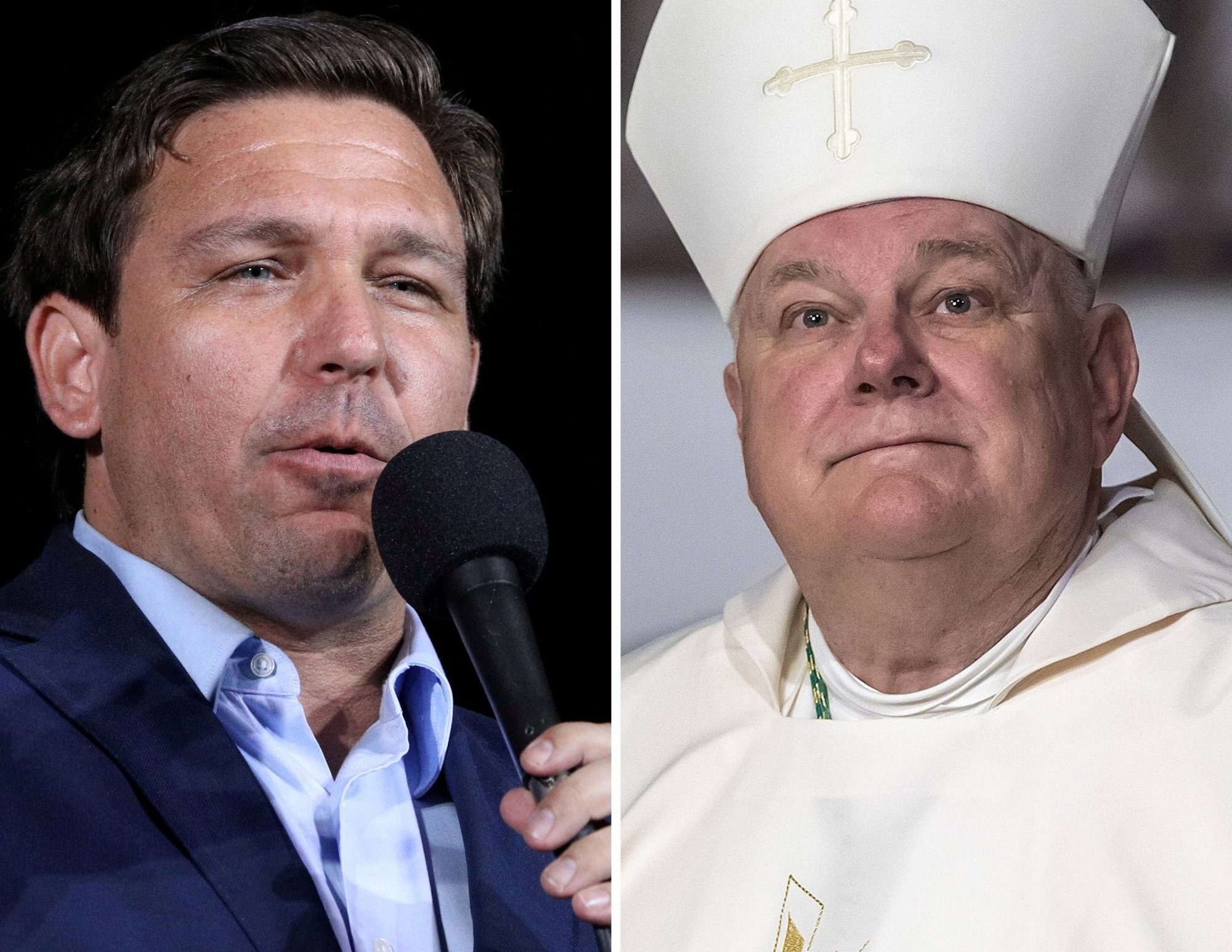 El gobernador de la Florida Ron Desantis y el arzobispo Thomas G. Wenski de Miami aparecen en esta foto combinada. (Compuesto por CNS; Fotos de Tom Brenner, Reuters; Stefano Dal Pozzolo)