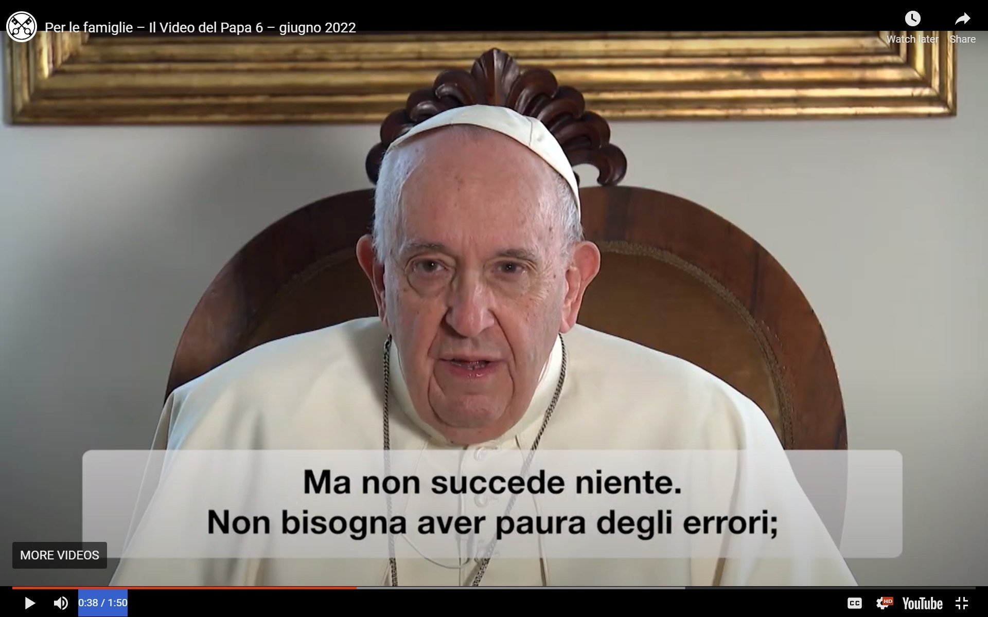 El papa Francisco habla en un mensaje de video publicado en YouTube por la Red Mundial de Oración del papa el 2 de junio de 2022. El papa dedicó su intención de oración para el mes de junio a las familias. (Foto CNS/Red Mundial de Oración del Papa)