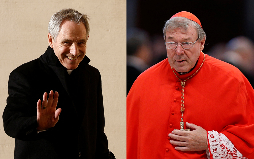 El arzobispo Georg Gänswein, antiguo secretario del Papa Benedicto XVI, el 10 de enero de 2023, y el difunto cardenal George Pell en 2015. (CNS/Guglielmo Mangiapane, Reuters/Paul Haring)