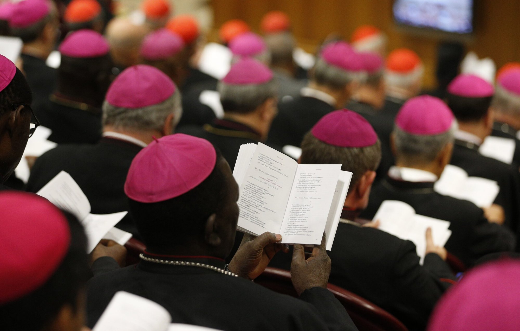 Los obispos rezan al inicio de una sesión del Sínodo de los Obispos en el Vaticano el 9 de octubre de 2018. (OSV News file /Paul Haring, CNS)