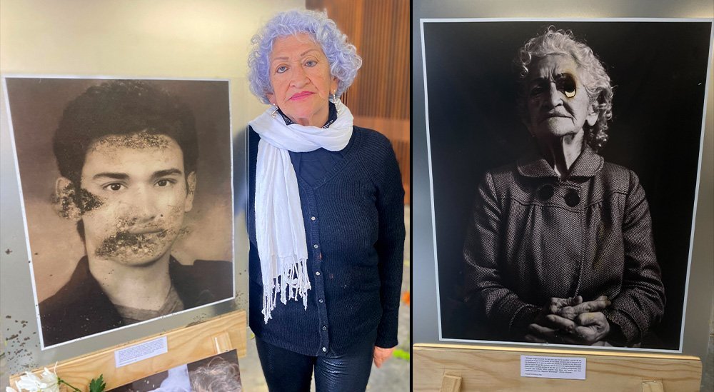Gloria Alvarado posa durante una exhibición en el Centro de Memoria, Paz y Reconciliación en Bogotá, Colombia el 22 de noviembre de 2023. A la izquierda, una fotografía de su hijo asesinado y acusado, sin pruebas, de ser terrorista. Su hijo fue asesinado y nadie se ha responsabilizado por su muerte, dijo. A la derecha, una fotografía suya intervenida artísticamente en los ojos para representar, según explicó, que ella no pudo avizorar el peligro que corría su único hijo antes de ser asesinado. (Foto OSV News /Rhina Guidos, Global Sisters Report)