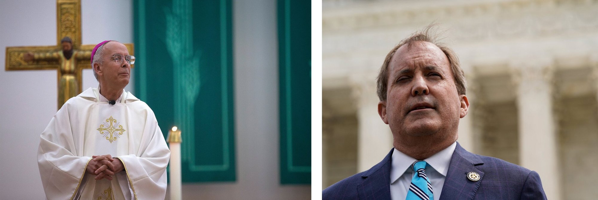 El obispo de El Paso, Texas, Mark J. Seitz, y el fiscal general de Texas, Ken Paxton, aparecen en una foto combinada. La Casa de la Anunciación (Annunciation House) organizó una conferencia de prensa el 23 de febrero de 2024 para abordar su postura en respuesta a los esfuerzos de Paxton por cerrarla y poner fin a su ministerio con los migrantes. (Foto OSV News/Tyler Orsburn/Elizabeth Frantz, Reuters)