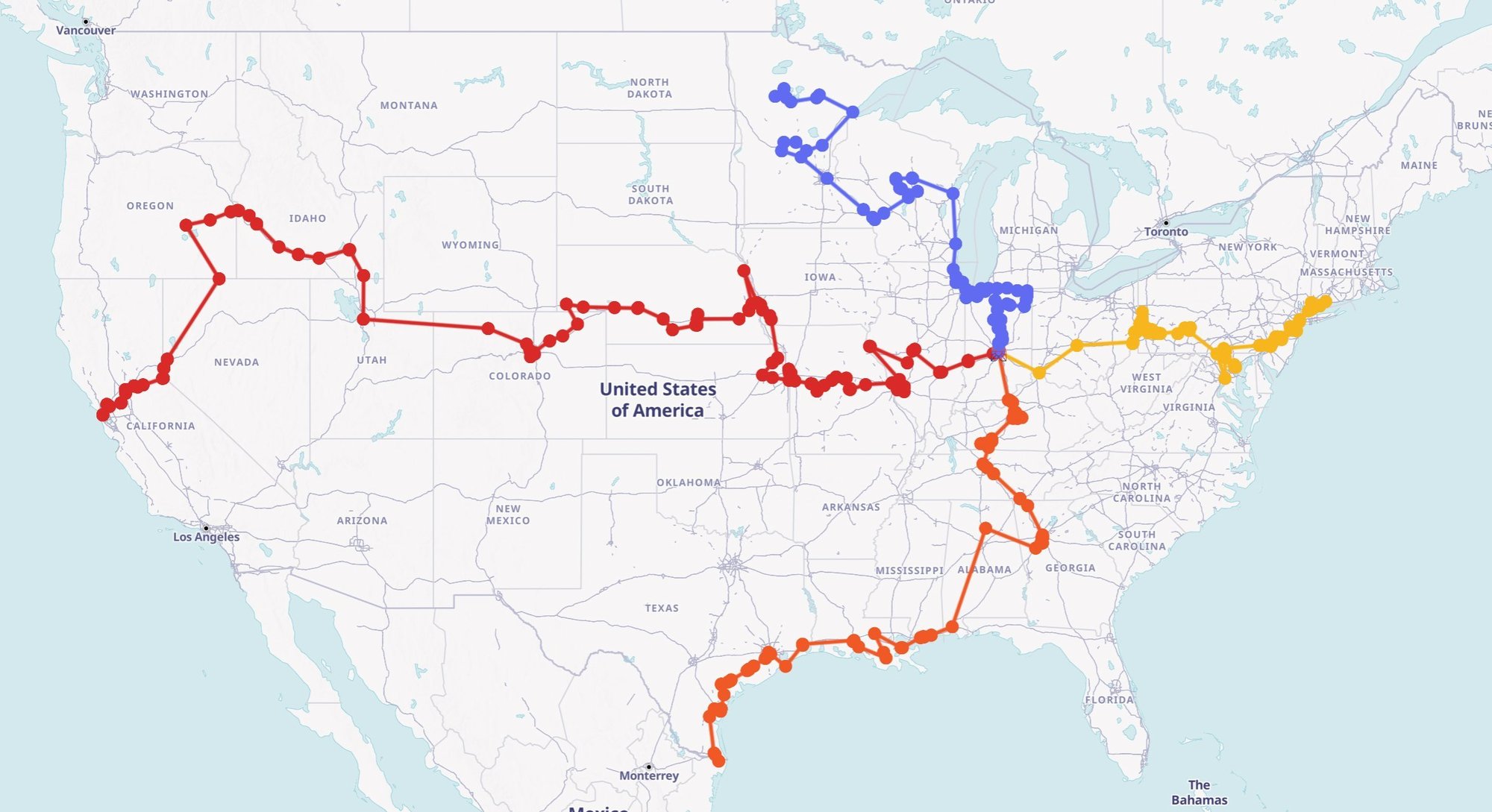 Este es un mapa actualizado que muestra las cuatro rutas de la Peregrinación Eucarística Nacional al Congreso Eucarístico Nacional 2024. Los peregrinos que viajen en "caravanas eucarísticas" en las cuatro rutas comenzarán sus viajes con las celebraciones del fin de semana de Pentecostés el 17 y 18 de mayo de 2024, saliendo el 19 de mayo. Todos se darán el encuentro en Indianápolis el 16 de julio de 2024, la víspera de la inauguración del Congreso, que durará cinco días. (Ilustración de OSV News illustration/cortesía de National Eucharistic Congress)