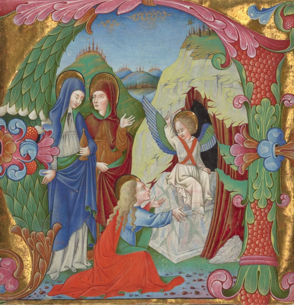 "Inicial A: Las mujeres en la tumba", por Bartolomeo Rigossi da Gallarate (activo alrededor de 1460-1480), italiano. (Museo J. Paul Getty)