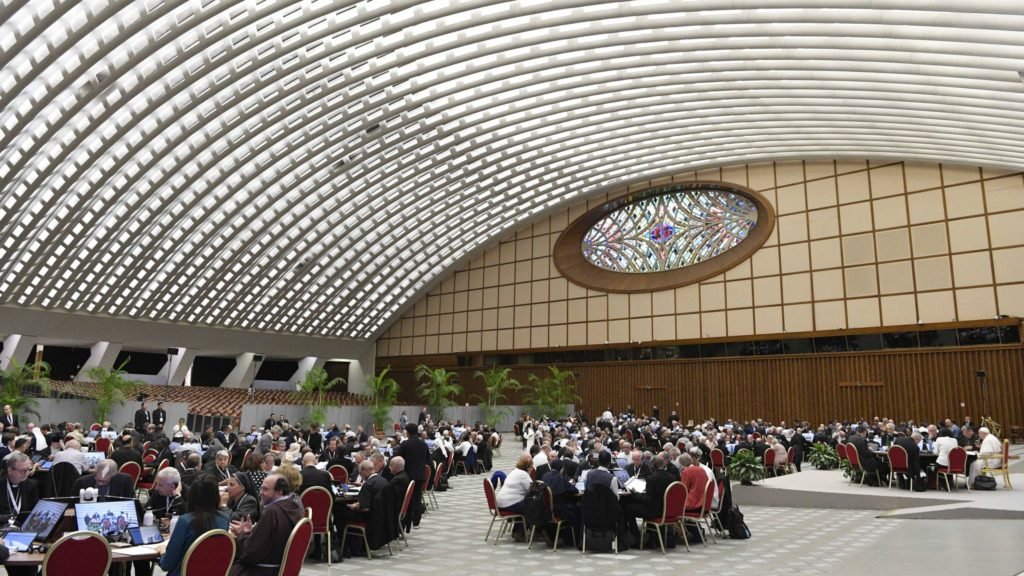 Los participantes en la asamblea del Sínodo de los Obispos se reúnen para una sesión vespertina el 25 de octubre de 2023, en el Aula de Audiencias Pablo VI del Vaticano. (CNS /Vatican Media)
