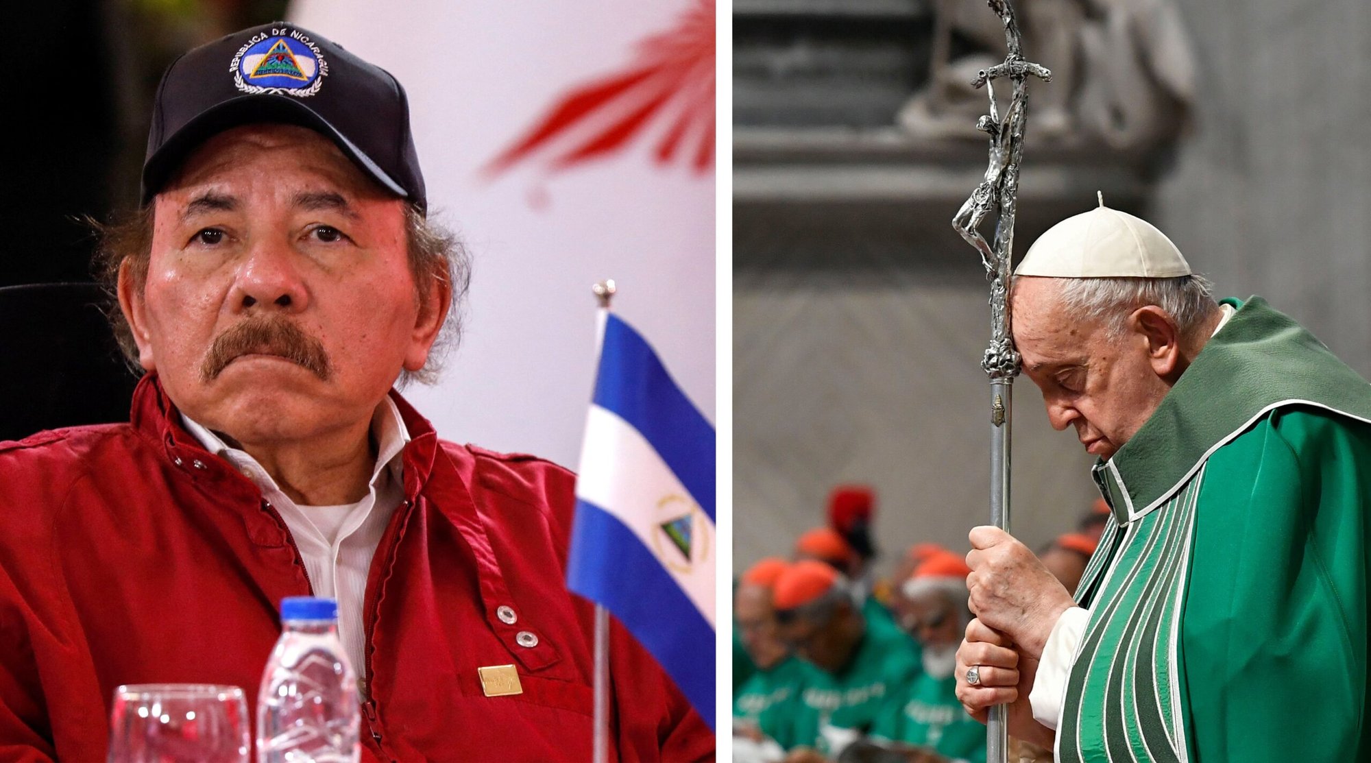 El presidente nicaragüense Daniel Ortega y el Papa Francisco aparecen en una foto combinada. El Vaticano confirmó el 9 de agosto de 2024 que siete sacerdotes expulsados de Nicaragua llegaron a Roma el 8 de agosto. Habían sido detenidos en un asalto a una diócesis dirigida por un obispo franco, mientras el régimen de Ortega seguía debilitando a la Iglesia y forzando al exilio a sus críticos. (Foto OSV News/Leonardo Fernández Viloria, Reuters/Vatican Media)