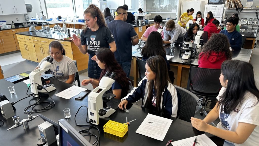 Paul High School y Sacred Heart High School son guiados a través de un experimento de laboratorio de biología en la Universidad Loyola Marymount como parte de los cursos de Early College Network. (Edgar Salmingo)