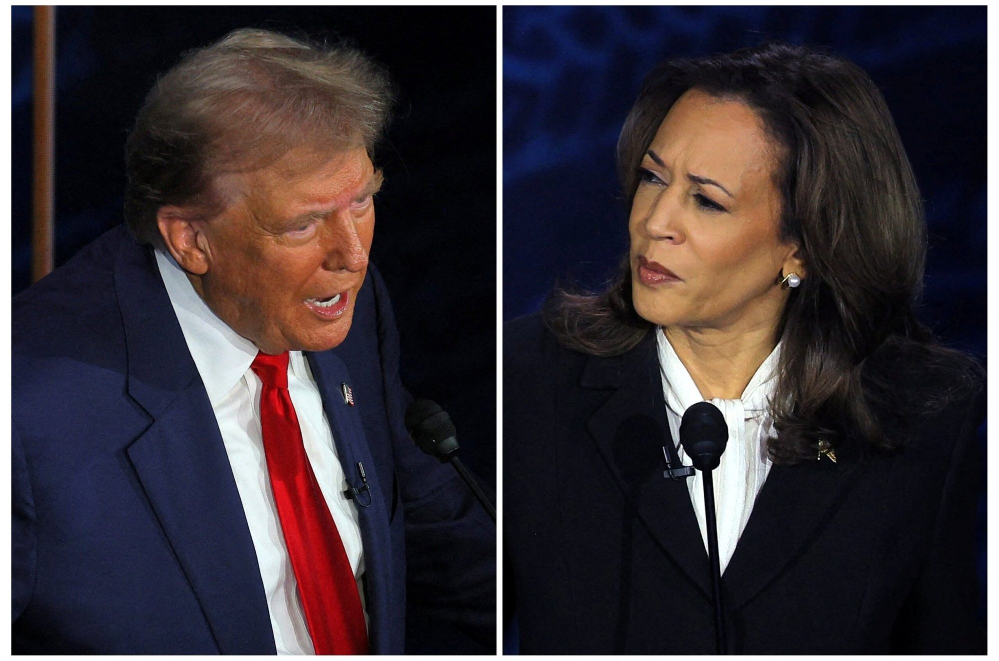 El expresidente de EE.UU. Donald Trump, candidato presidencial republicano, y la vicepresidenta de EE.UU. Kamala Harris, candidata presidencial demócrata, aparecen en una foto combinada participando en el debate presidencial en el Centro Nacional de la Constitución en Filadelfia el 10 de septiembre de 2024. (Foto OSV News/Brian Snyder, Reuters)
