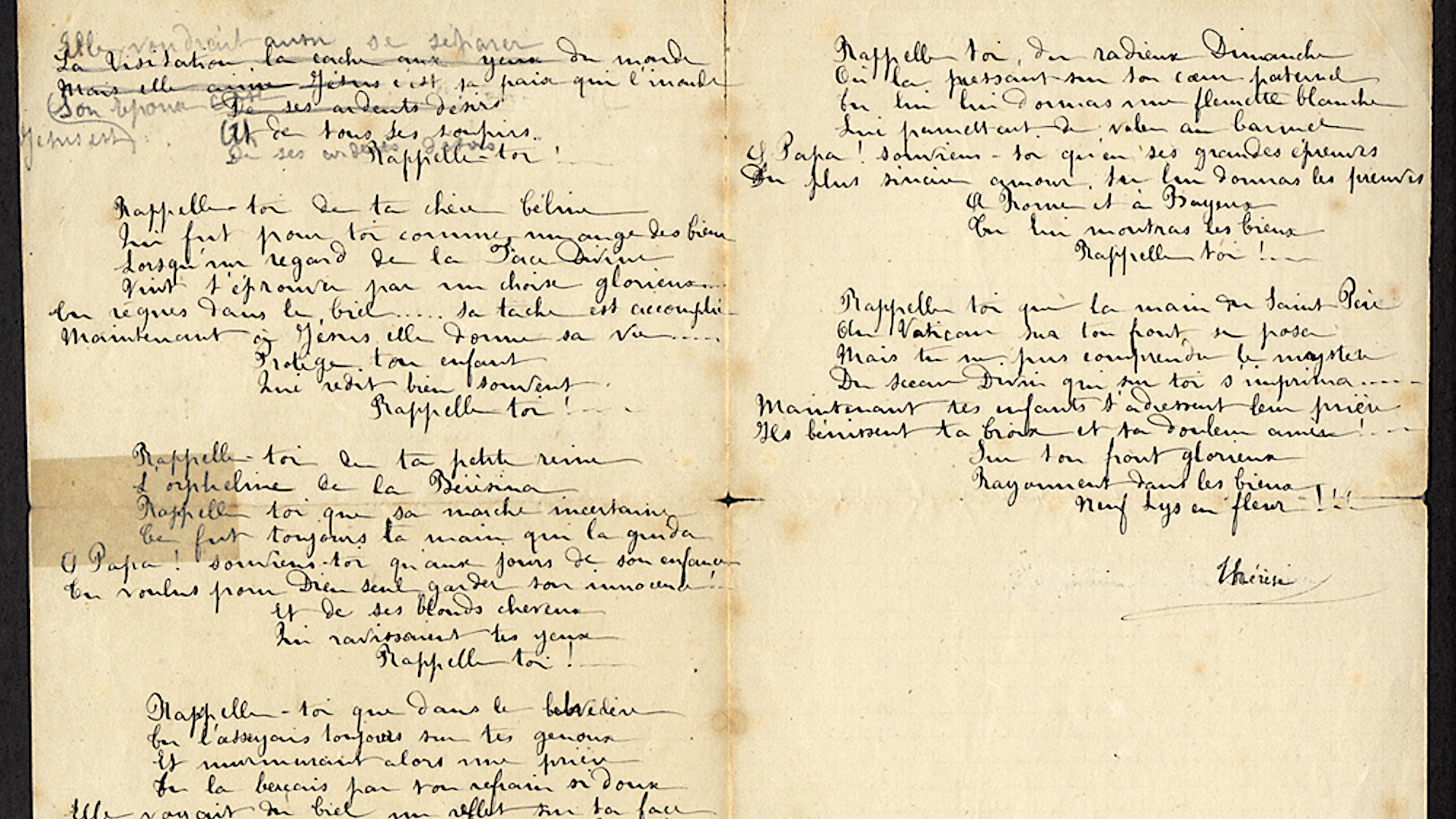 Un poema escrito por Santa Teresa de Lisieux, fechado en agosto de 1894, en el que llora a su padre recientemente fallecido. Se titula «Oración del hijo de una santa». (Archivos del Carmelo de Lisieux)