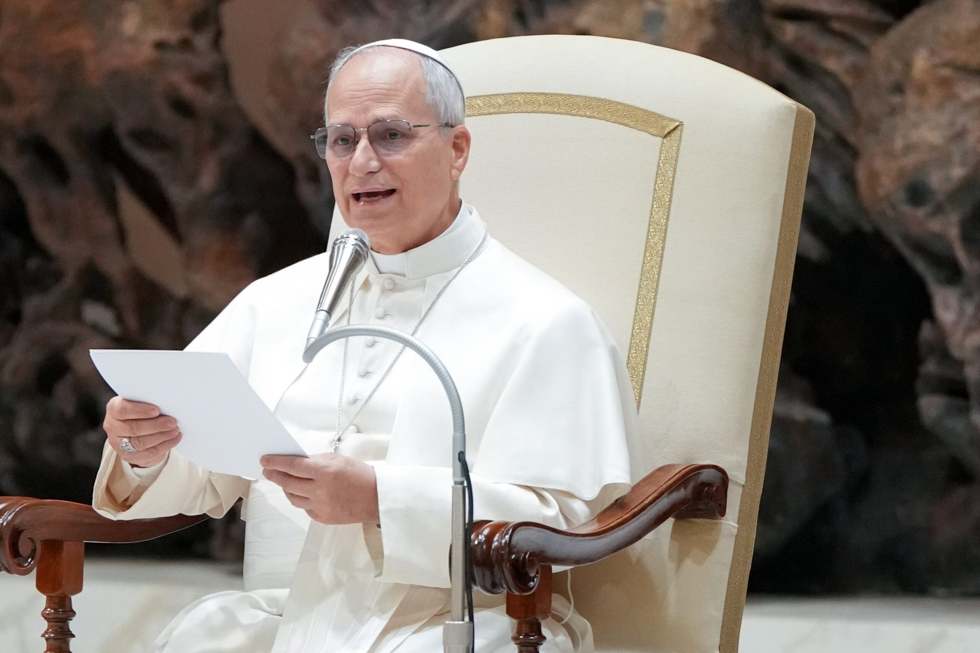El Papa León XIV se dirige a los visitantes durante su audiencia general en el Aula Pablo VI del Vaticano el 11 de febrero de 2026. El 13 de febrero, el Papa León publicó su primer mensaje cuaresmal, en el que animó a los católicos a redescubrir el poder del ayuno durante esta Cuaresma. (Foto CNS/Lola Gomez)