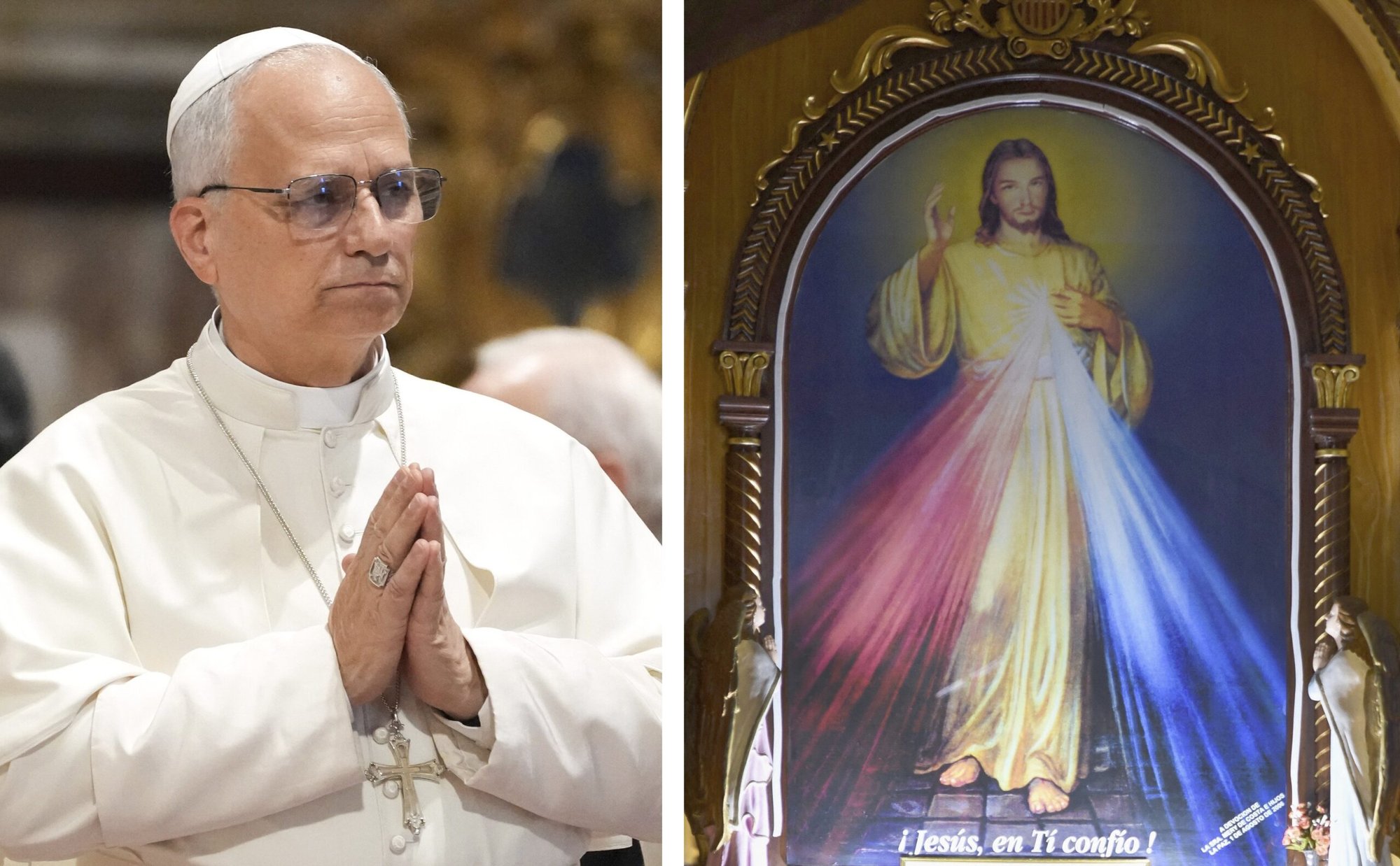 El Papa León XIV aparece en una foto en actitud de oración en el Vaticano, en una fotografía compuesta junto a una imagen de la Divina Misericordia tomada en una iglesia católica de La Paz, Bolivia. En todo Estados Unidos, unidos al Papa León, los católicos se sumarán a sus obispos y pastores para rezar por la paz en la víspera del Domingo de la Divina Misericordia, el 11 de abril de 2026. (Foto OSV News/Lola Gomez, Claudia Morales, Reuters)