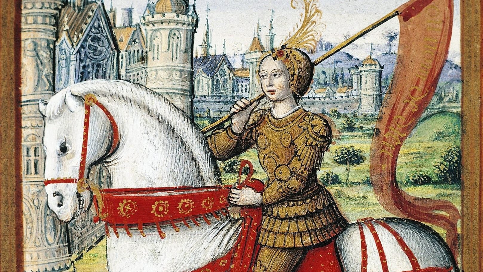 Santa Juana de Arco representada a caballo en una ilustración de un manuscrito de 1504. (Wikipedia)