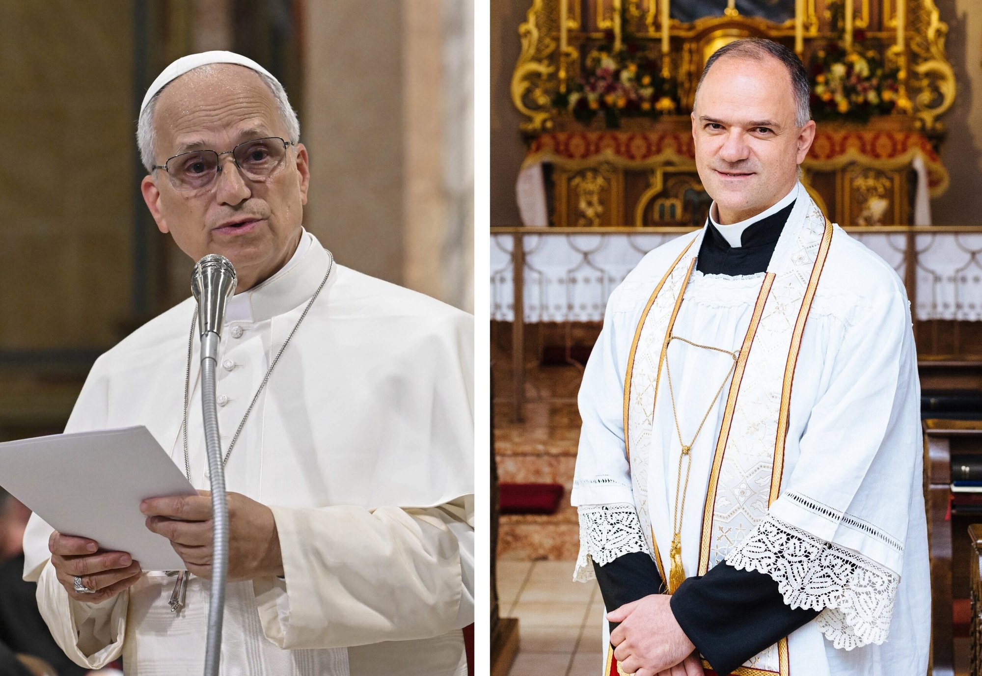 En una foto combinada, el Papa León XIV aparece hablando en el norte de Italia el 20 de junio de 2026, y el padre Davide Pagliarani, superior general de la tradicionalista Fraternidad Sacerdotal San Pío X, aparece en 2018 en Écône, Suiza. En una carta publicada el 30 de junio, el Papa León instó al padre Pagliarani a detener la consagración no autorizada de nuevos obispos prevista para el 1 de julio, advirtiendo que la medida provocaría un cisma formal y privaría a los fieles de los sacramentos legítimos. (Foto de OSV News/Mario Tomassetti, Vatican Media/Jean-Matthieu Gautier, KNA vía CPP)