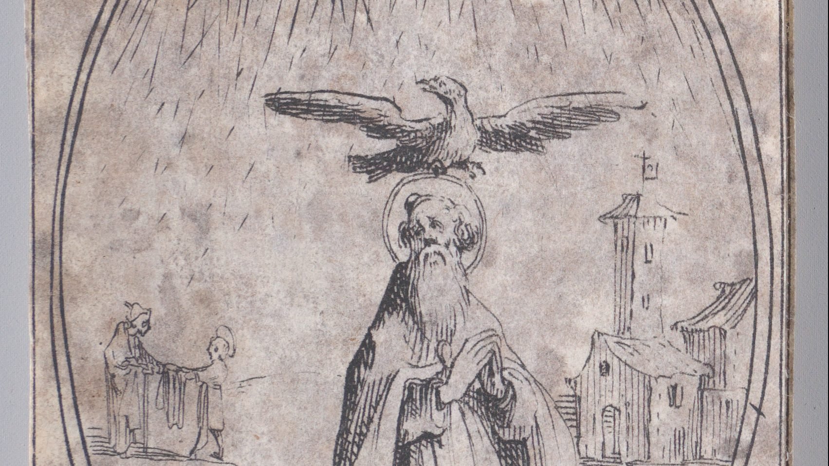 “San Medardo, obispo”, grabado de la obra Imágenes de todos los santos y fiestas religiosas del año (Les Images de Tous Les Saincts et Saintes de L'Année), realizada por Jacques Callot en 1636. (Museo Metropolitano de Arte)