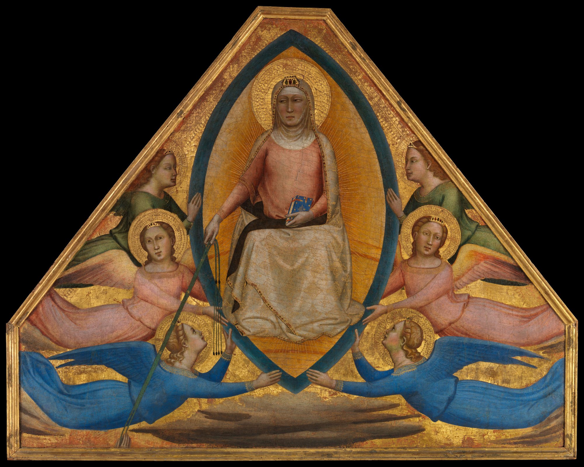 Triangular medieval icon depicting the Virgin Mary seated with halo, flanked by angels against a gold background and ornate frame.