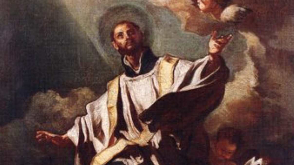 Haloed religious figure in white and gold robes with arms raised, looking upward as a dove appears overhead.