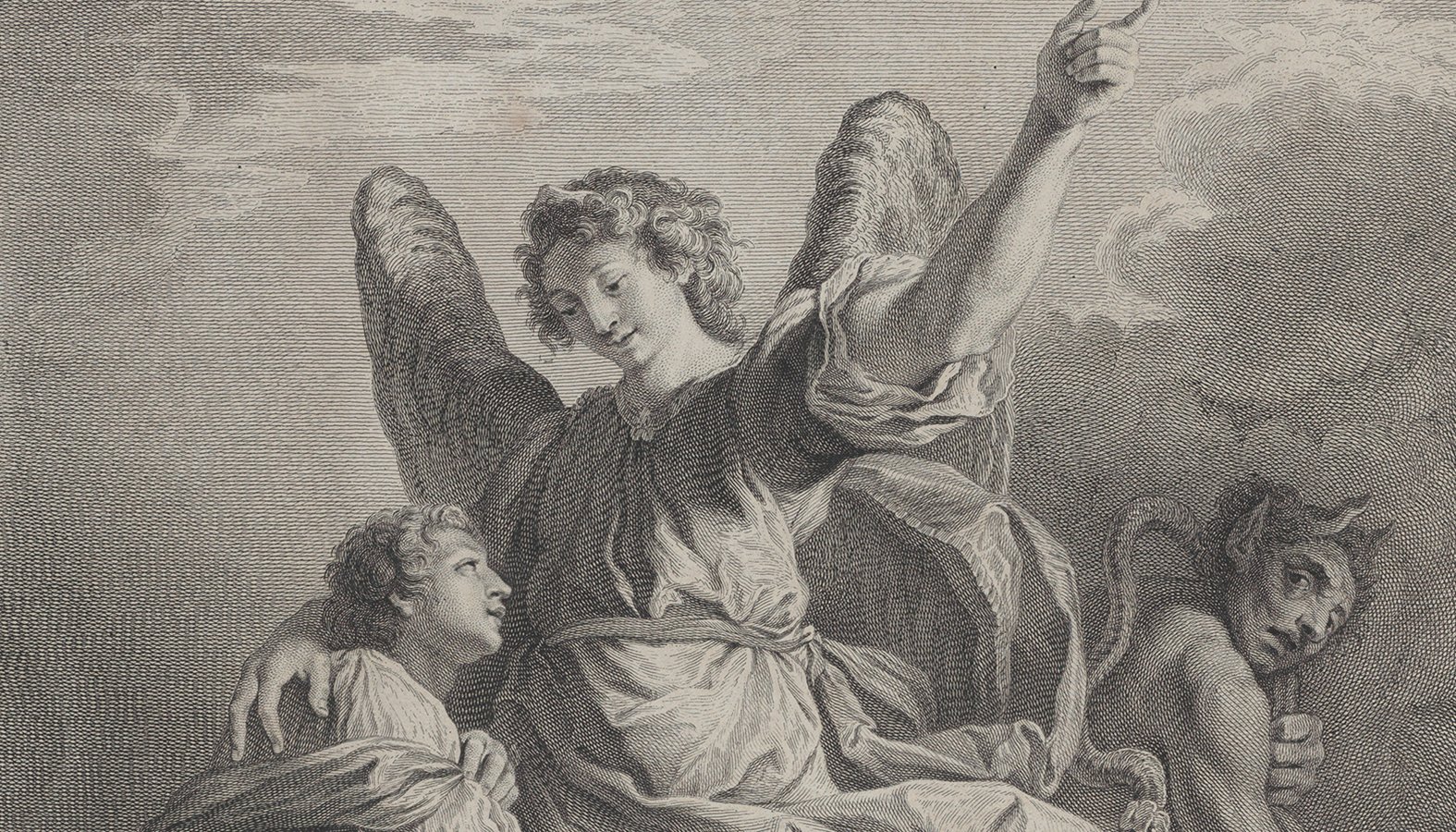"El ángel de la guarda", 1729-1740, de Nicolas Gabriel Dupuis. La obra muestra al ángel descendiendo de una nube y rodeando con su brazo a un niño, a la izquierda, mientras un demonio se aleja a la derecha. (Museo Metropolitano de Arte)