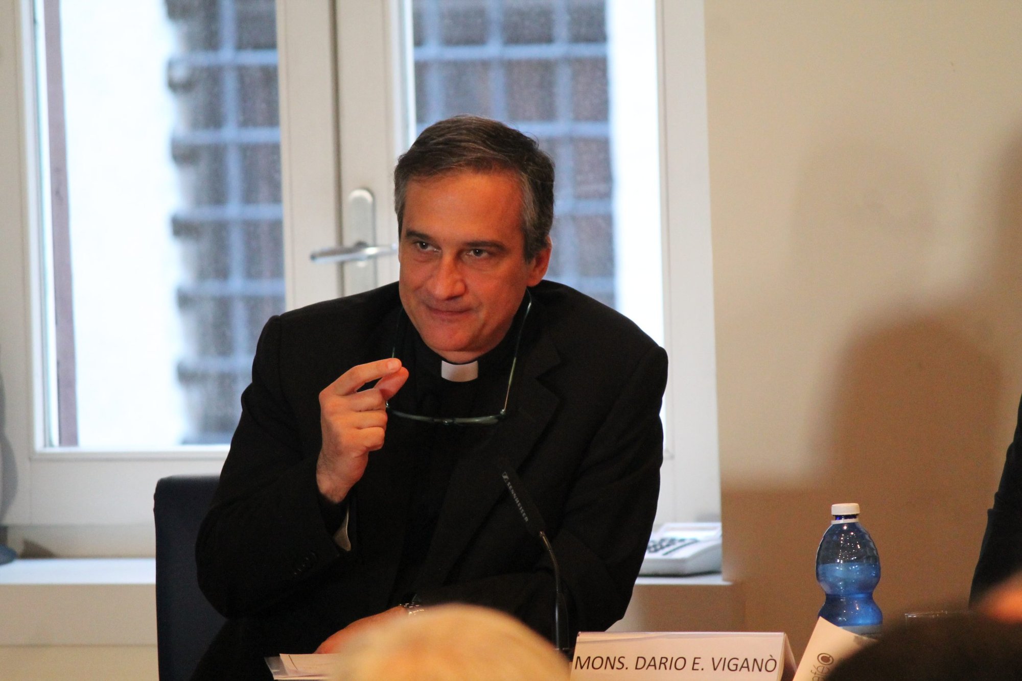 Msgr. Dario Eduardo Vigano, Director of the Vatican Television Center, speaks during the 30th anniversary events Oct. 18, 2013. (Alan Holdren/CNA)