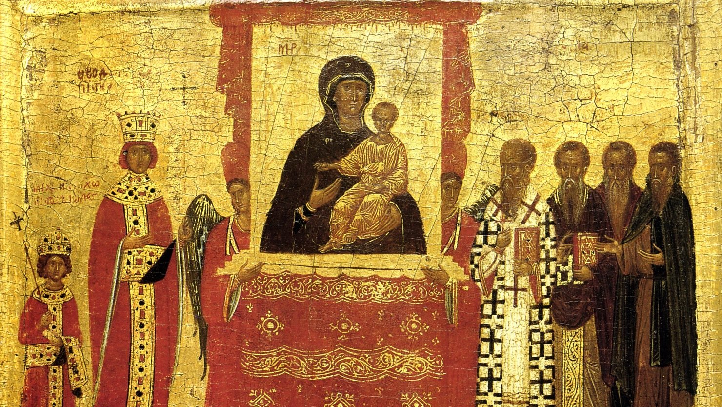 Late 14th-early 15th century icon illustrating the "Triumph of Orthodoxy" in 843. Methodius is depicted in the upper register, to the right of the icon, with Theodora and her son Michael to the left, National Icon Collection 18, British Museum. (Wikipedia)